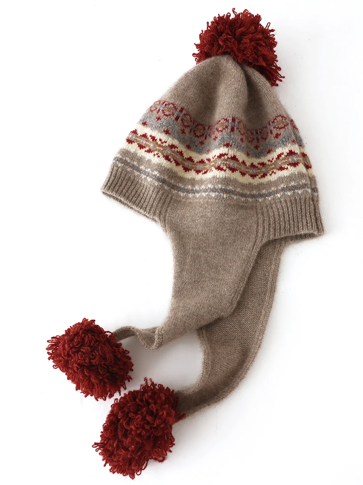 Women Autumn Winter 100% Cashmere Knitted Chullo Hat Peruvian Warm Soft Earmuff Aviator Caps Jacquard Beanies Real Pashmina