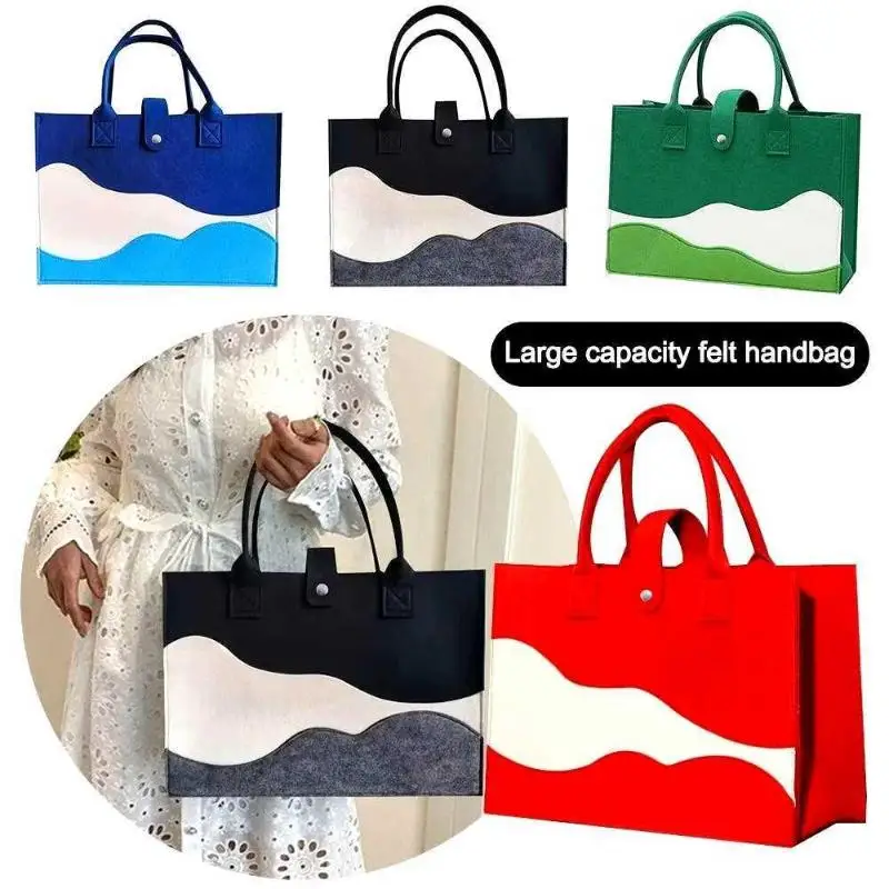 Felt Tote Bag With Wavy Color Block Design Snap Closure Reusable Durable For Daily Shopping Gift Use
