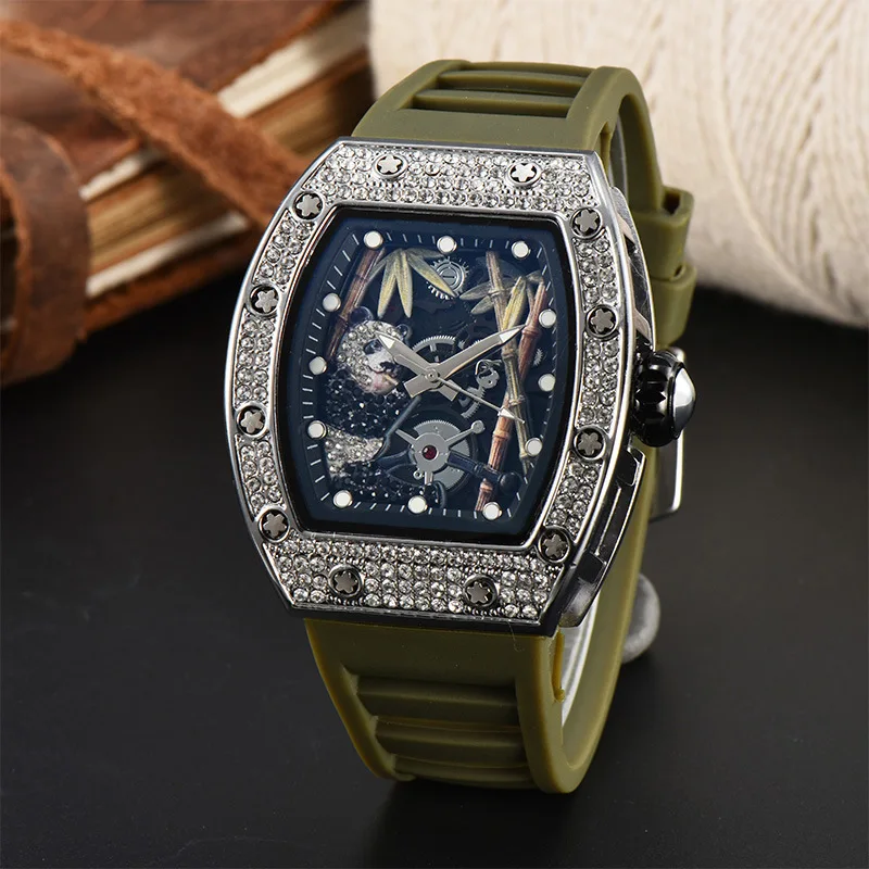 New Richard Rose Gold Diamond Panda Eating Bamboo Luxury Noble European luminous Waterproof Calendar Quartz Watch Wholesale