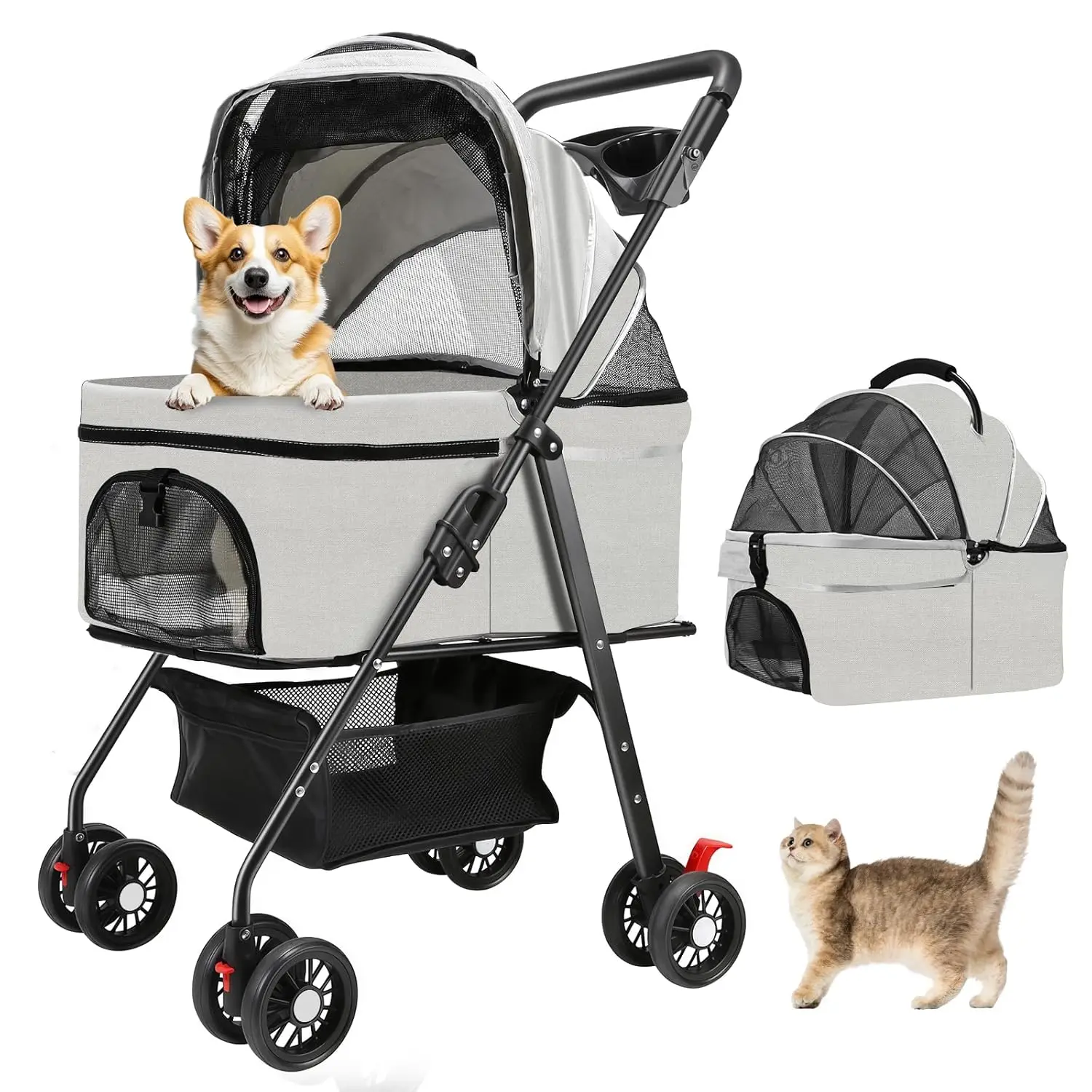

4-Wheel Foldable Pet Stroller for Small Dogs & Cats, Detachable Carrier with Breathable Mesh, Storage Basket, Holds Up to 33 lbs