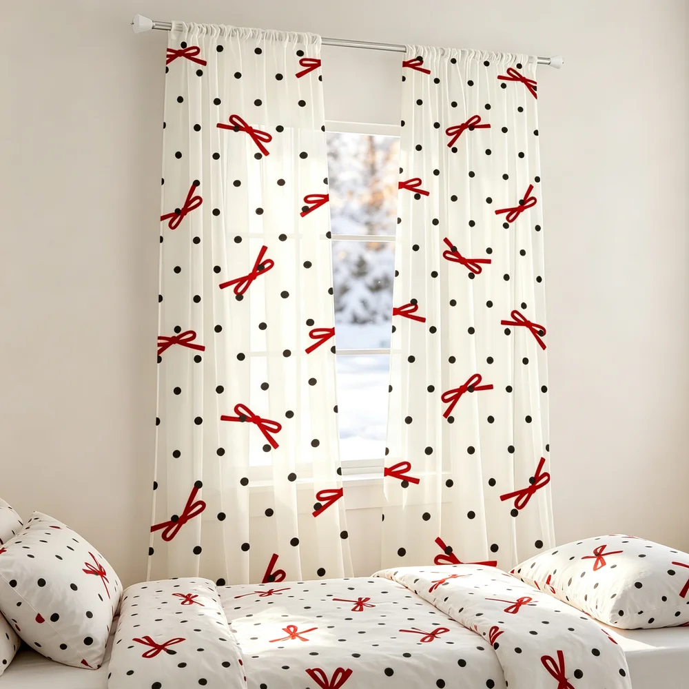 Curtain Rods - 2PCS Christmas Curtains, Black Dots Red