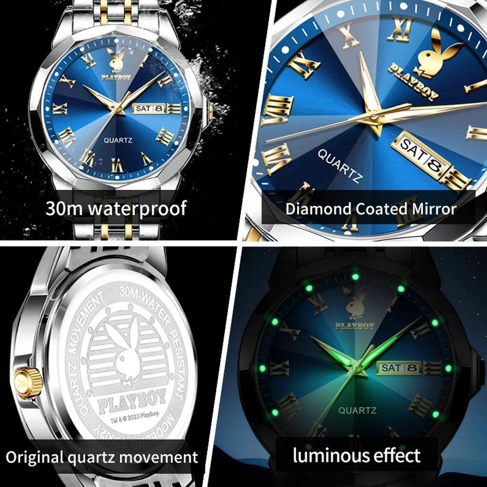 PLAYBOY Casual Fashion Business Men Watch High Quality Stainless Steel Waterproof Dual Calendar Luminous Quartz Watches for Men