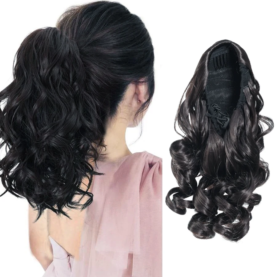 Extensions queue de cheval ondulées courtes avec cordon de serrage pour femme, faux cheveux, fibre synthétique, clip