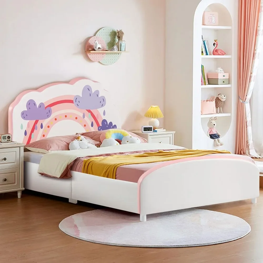 

Twin Bed Frames for Kids, Wood Upholstered Twin Bed Platform with Slat Support, Padded Headboard&Footboard, Easy Assembly