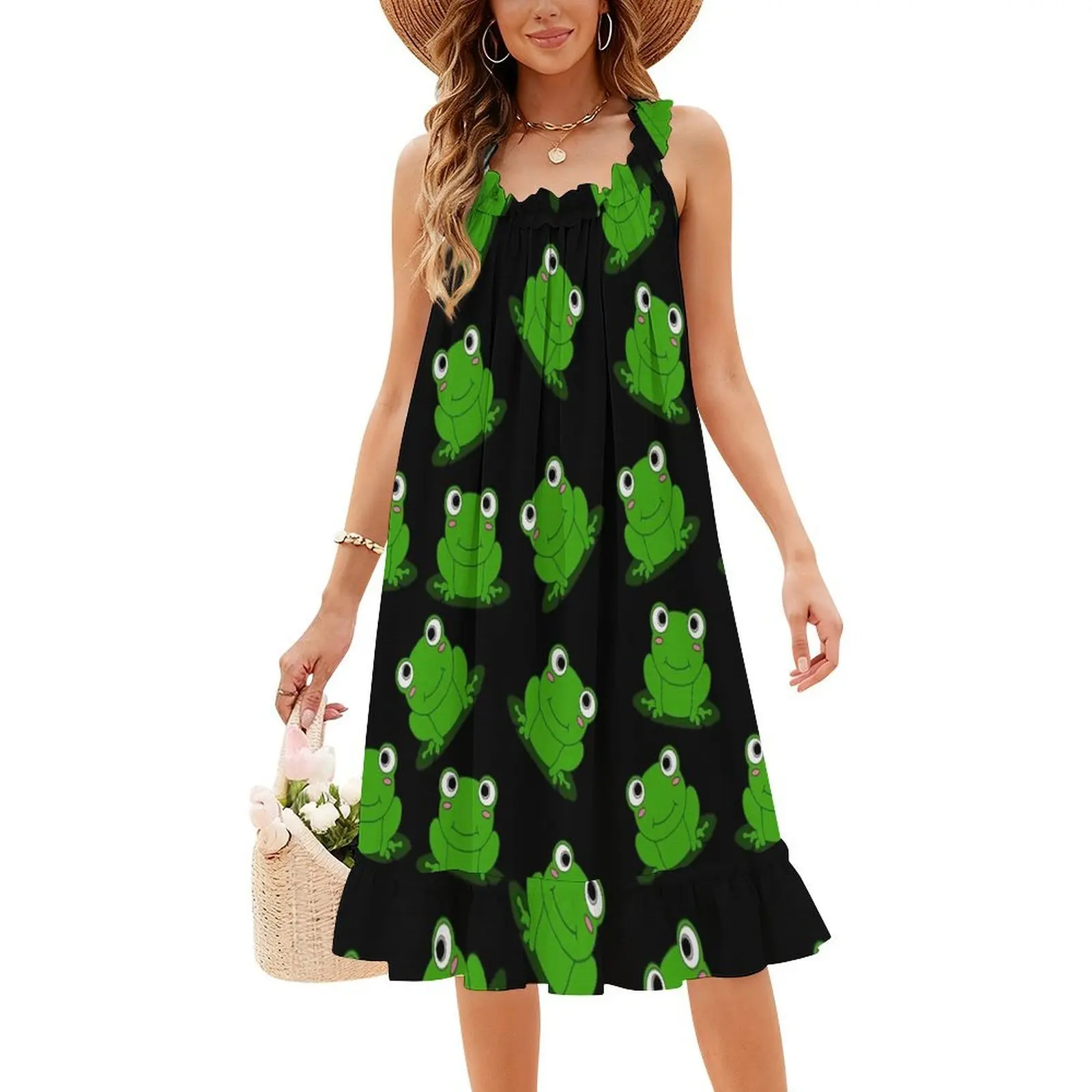 فستان بوهيمي عتيق بتصميم ضفدع لطيف بأكمام منتفخة أو خيارات بدون أكمام للنساء فستان نمط الضفدع لمحبي الضفدع #4