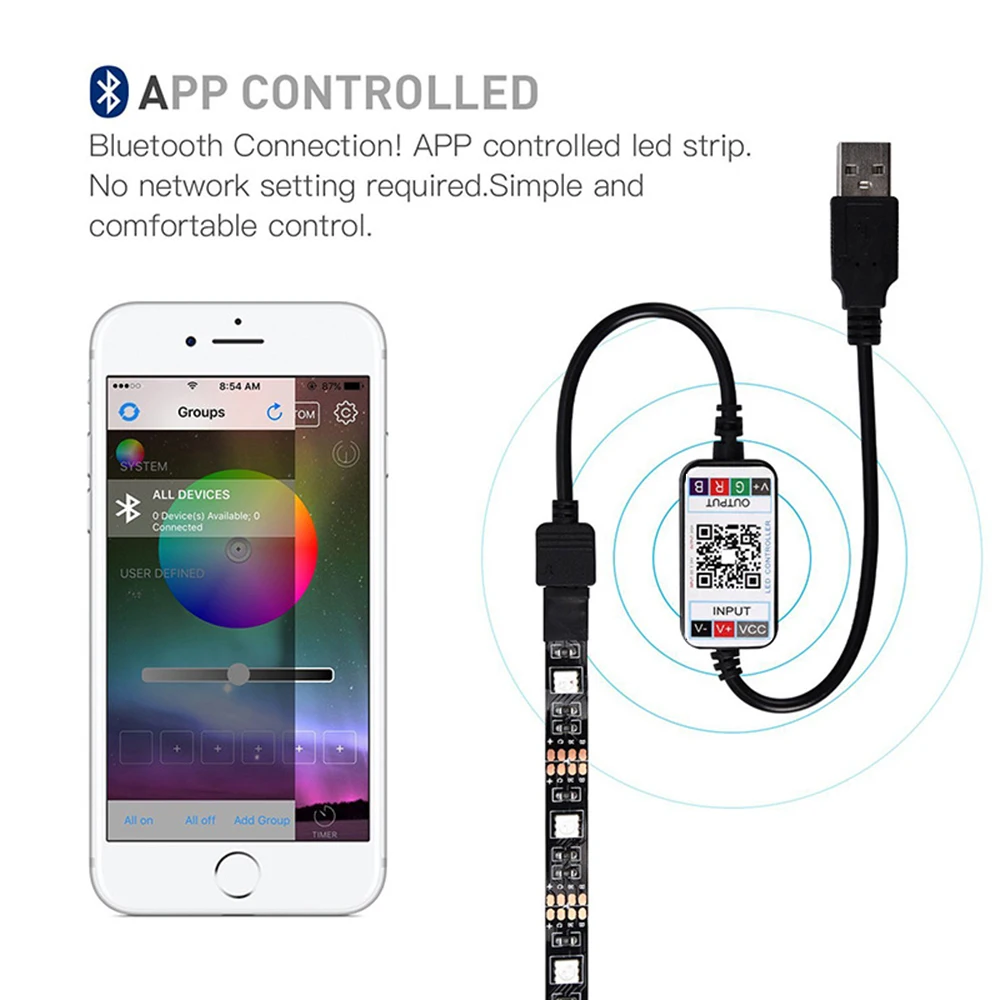 USB RGB LED Strip Light+Bluetooth Control 5V 5050 30Leds Smart Flexible Tape Waterproof Phone App Control TV Backlight