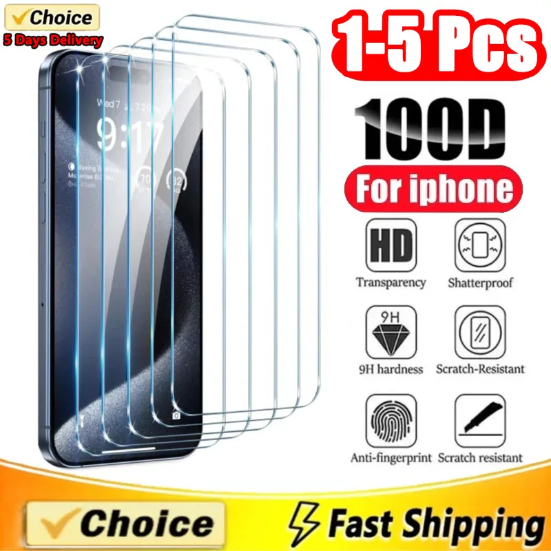 1-5 Piezas de Vidrio Templado para iPhone 17 16 15 14 13 12 11 Pro Max X XR 12Mini 13Mini 6 7 8 14 Plus SE X XS XR, Protector de Pantalla de Vidrio