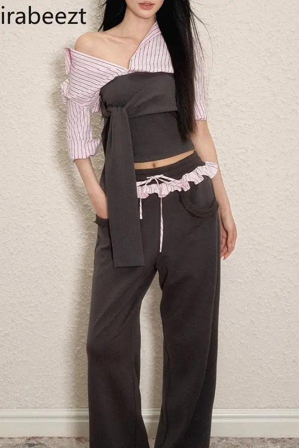 

Spring 2025 New Women's Two-Piece Set - Contrast Color-Block Striped Top with Strappy Details & Lace-Trimmed Waist Sweatpants