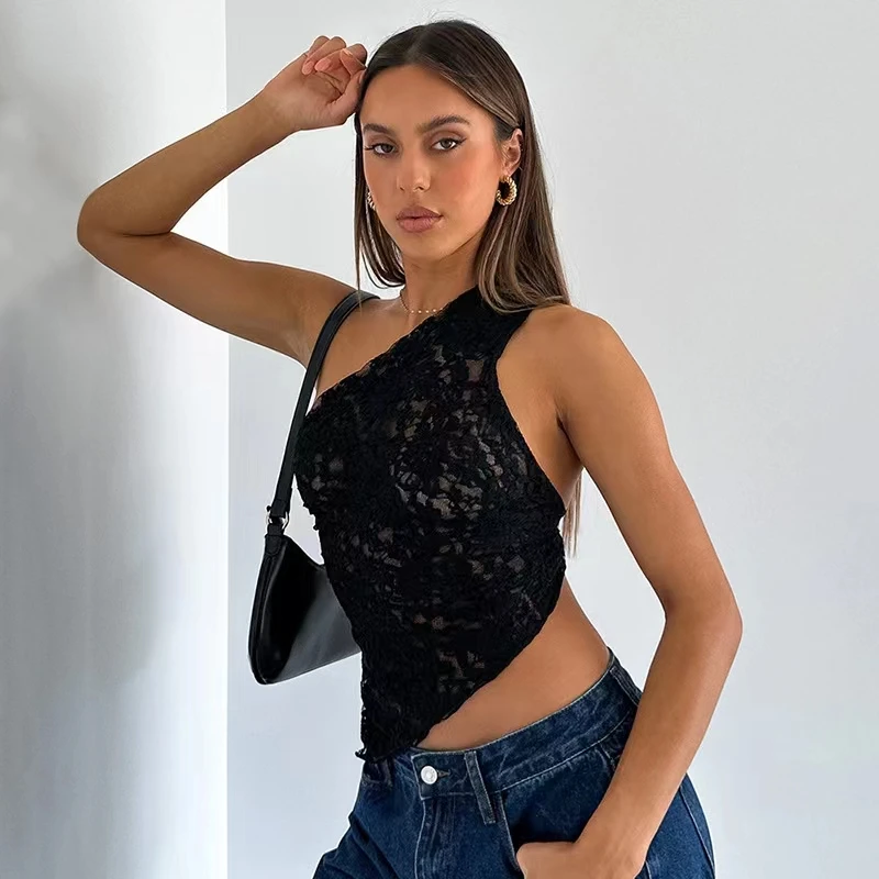 Summer New Fashionable Solid Color Amazon Lace Open Waist Asymmetric Slant Neck Luxury Top for Women