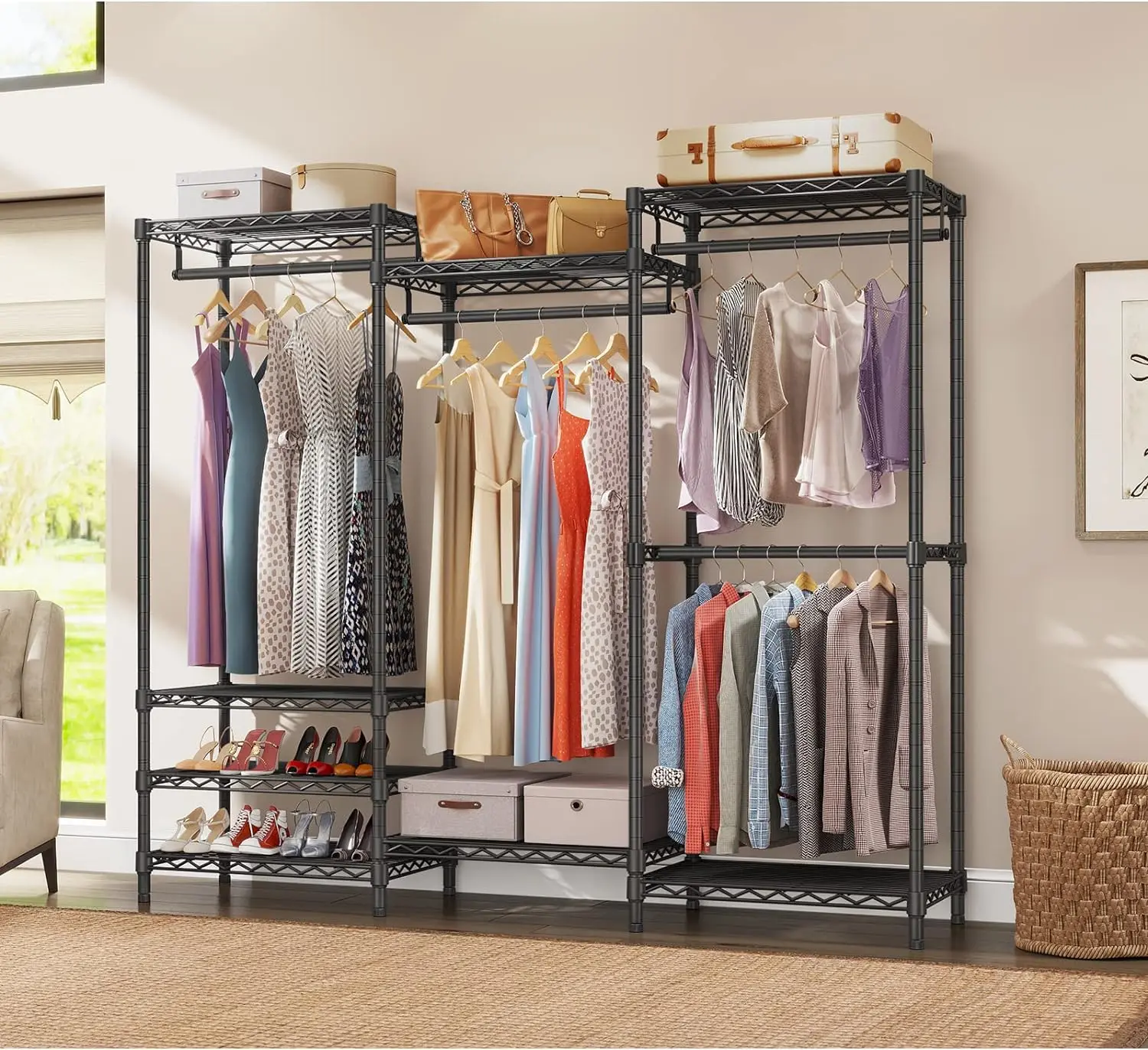 V5 Portable Closet Wardrobe Heavy Duty Clothes Rack, Freestanding Clothing Rack with 4 Hang Rods & 8 Shelves, Adjustable C