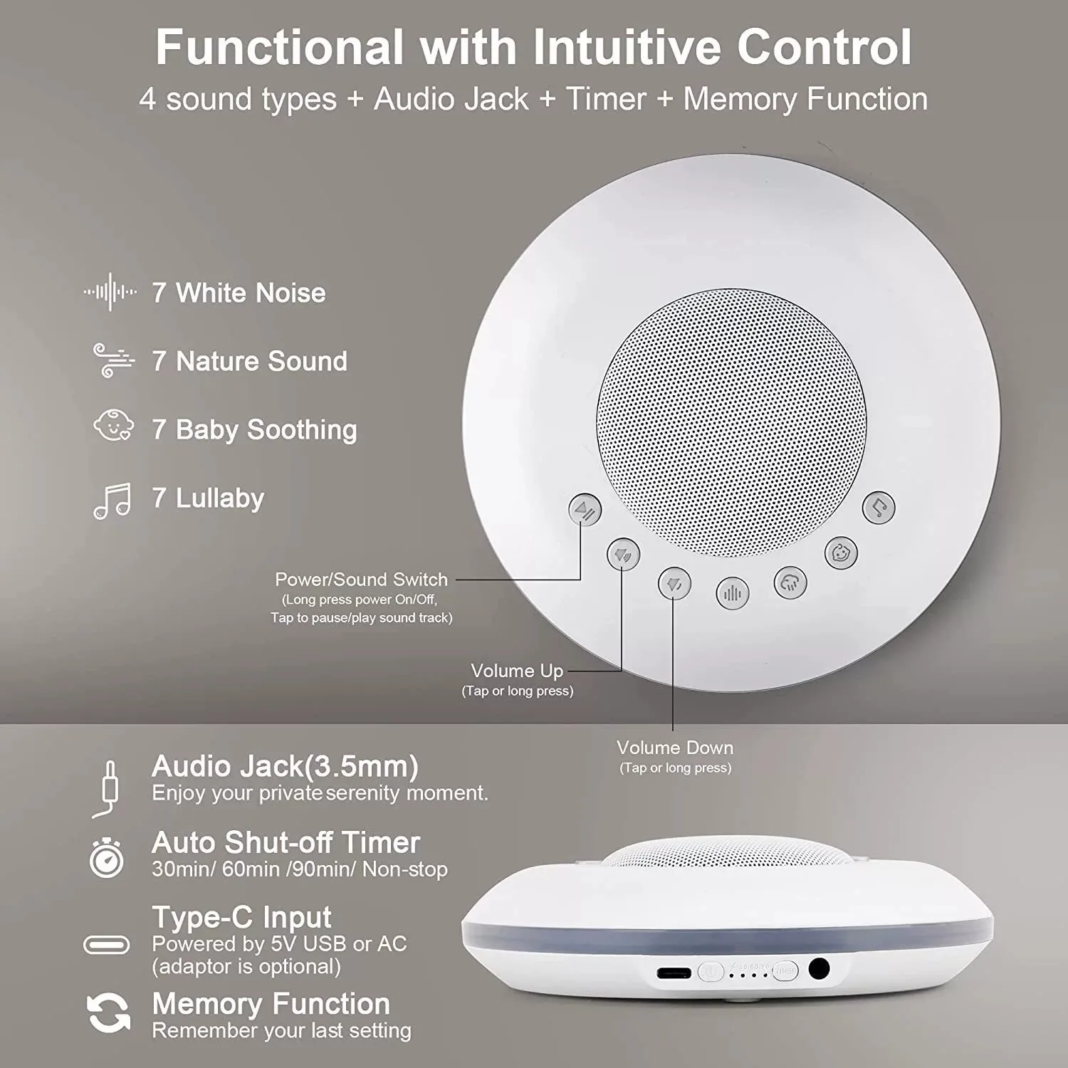 Built-in 28 Soothing Sounds Baby White Noise Sound Machine 4 Timer & Memory Function USB Rechargeable Portable Sleep Aid Device