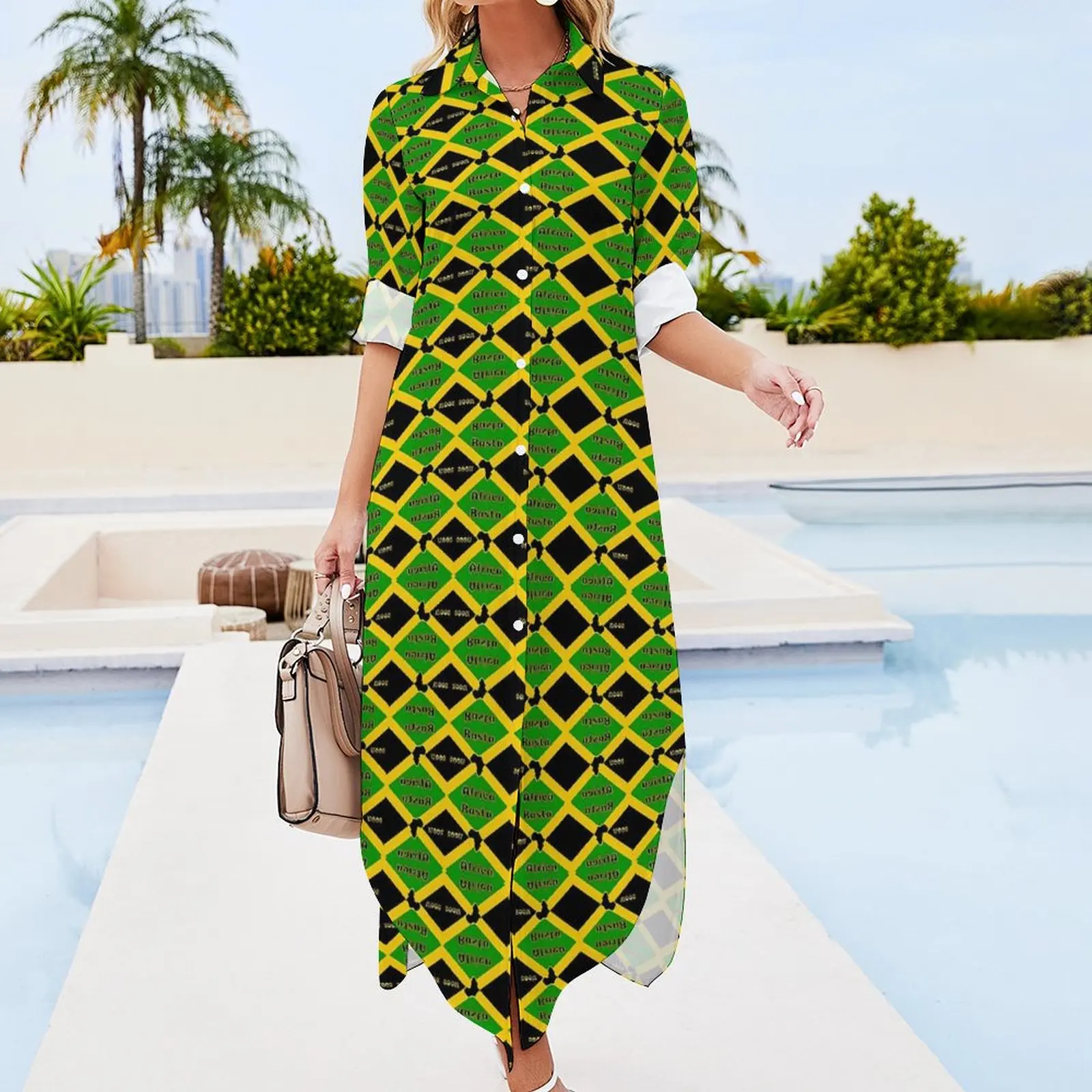 Jamaica Flag Chiffon Dress Jamaica National Day Cute Dresses Women Long Sleeve Street Style V Neck Design Oversize Casual Dress