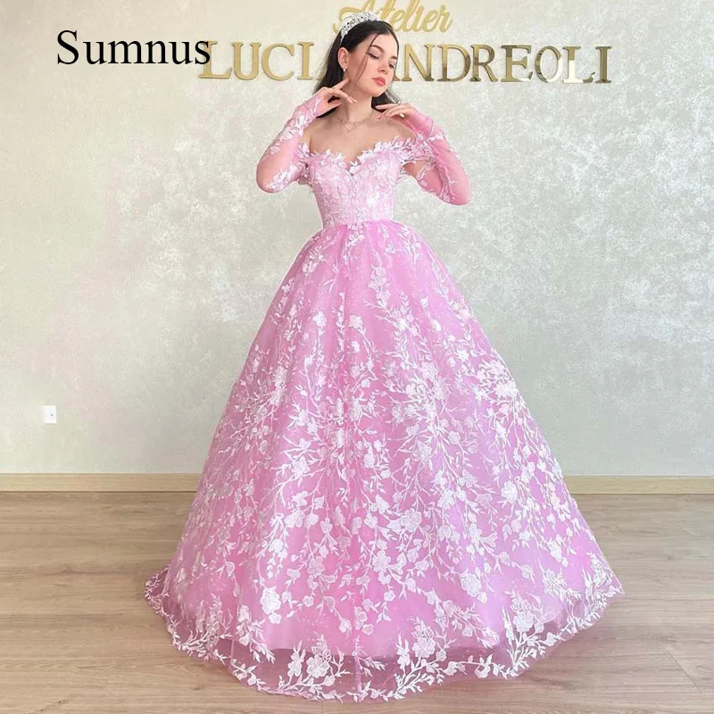 Luz rosa laço apliques princesa vestido de casamento fora do ombro com decote em v destacável tule manga voltar rendas até vestidos de noiva 2022