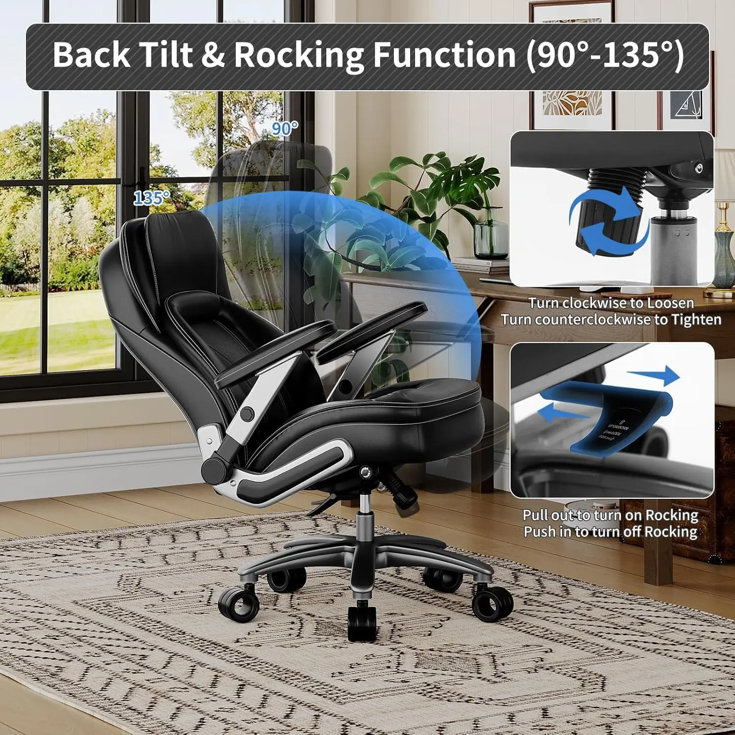 Silla de oficina grande y alta, resistente de 600 libras, silla ejecutiva ergonómica de cuero PU con lumbar ajustable, brazos 5D, ajuste de altura,