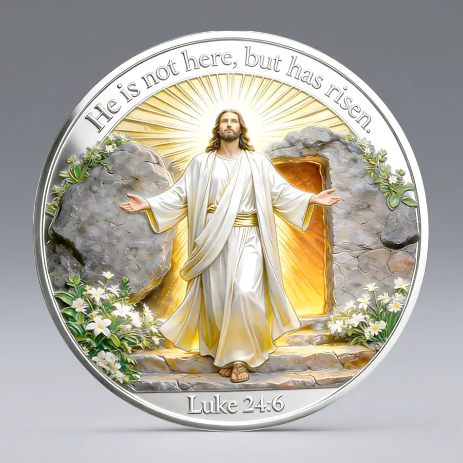 2D UV Jesus Luke 24:6 Silvery Plated Commemorative Coins Faster Celebration Prayer and Faith Souvenir Coin Home Decoration