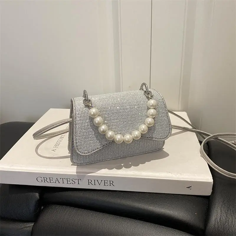 Hot Sale Silver Glitter Crossbody Bag With Faux Pearl Handle Adjustable Strap For Party Shopping