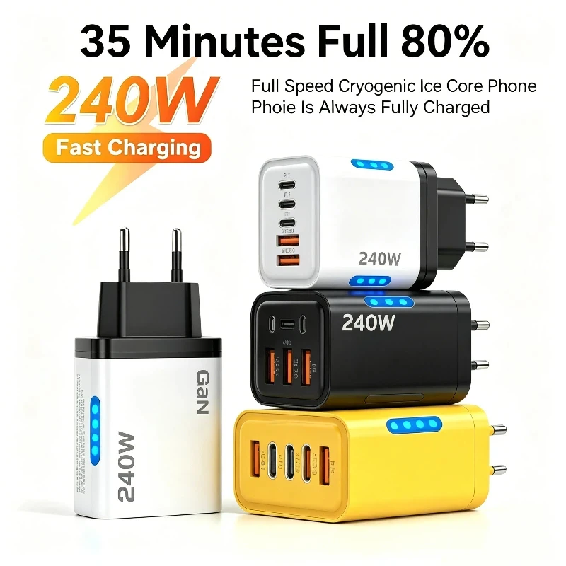 240w gan carregador rápido qc3.0 pd 5 portas estação de carregamento usb com luz led para iphone samsung huawei xiaomi eua adaptador tomada da ue