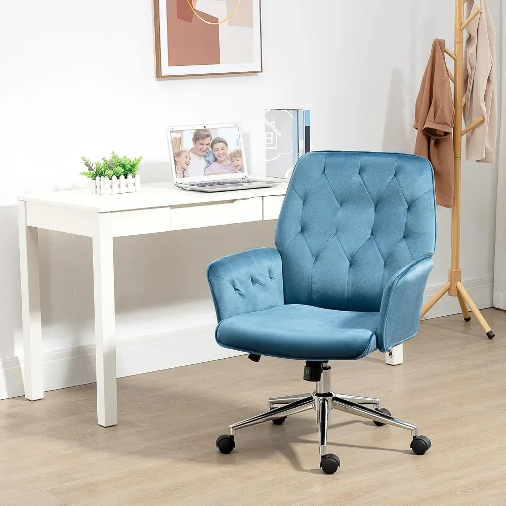 

/Velvet Home Office Chair, Tufted Height Adjustable Computer Desk Chair with Swivel Wheels and Padded Armrests,Blueand Light Gr