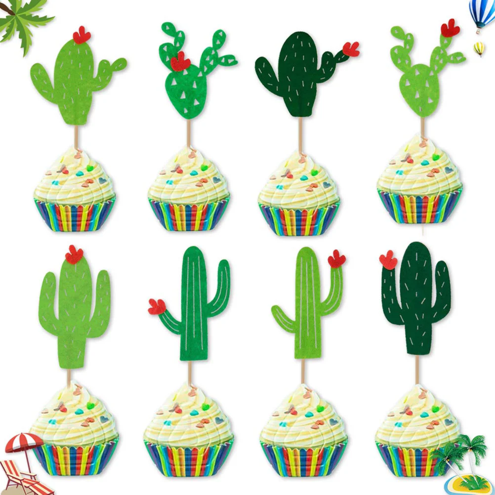 16PCS Cloth Cake Toppers Cactus Cake Inserts Cupcake Label Party Supplies (Green) Cactus cake topper cake insert label