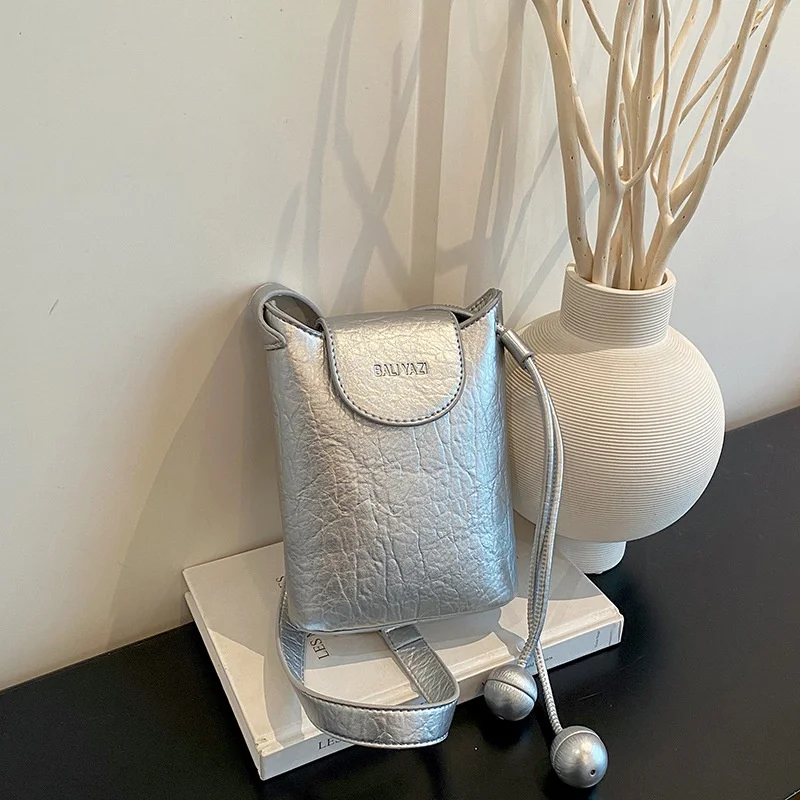 Women Mini Phone Crossbody Bag With Bead Strap Decor Flap Closure Solid Color Textured Vertical Shoulder Purse Daily