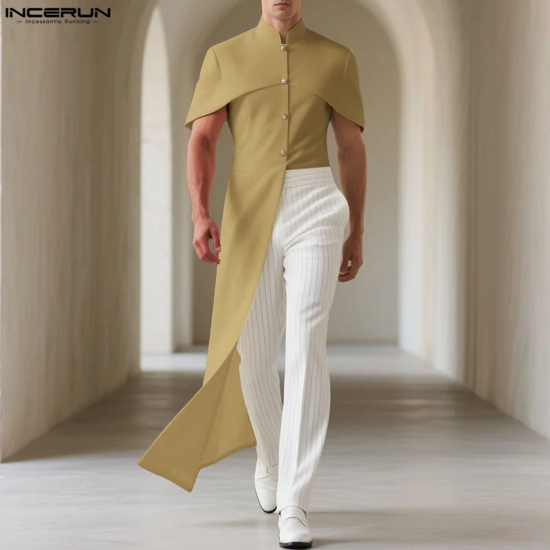 

INCERUN Мужская рубашка нестандартной формы, однотонный воротник-стойка с коротким рукавом, мужская одежда, уличная одежда, модный повседневный плащ 2025 года, длинные стильные рубашки