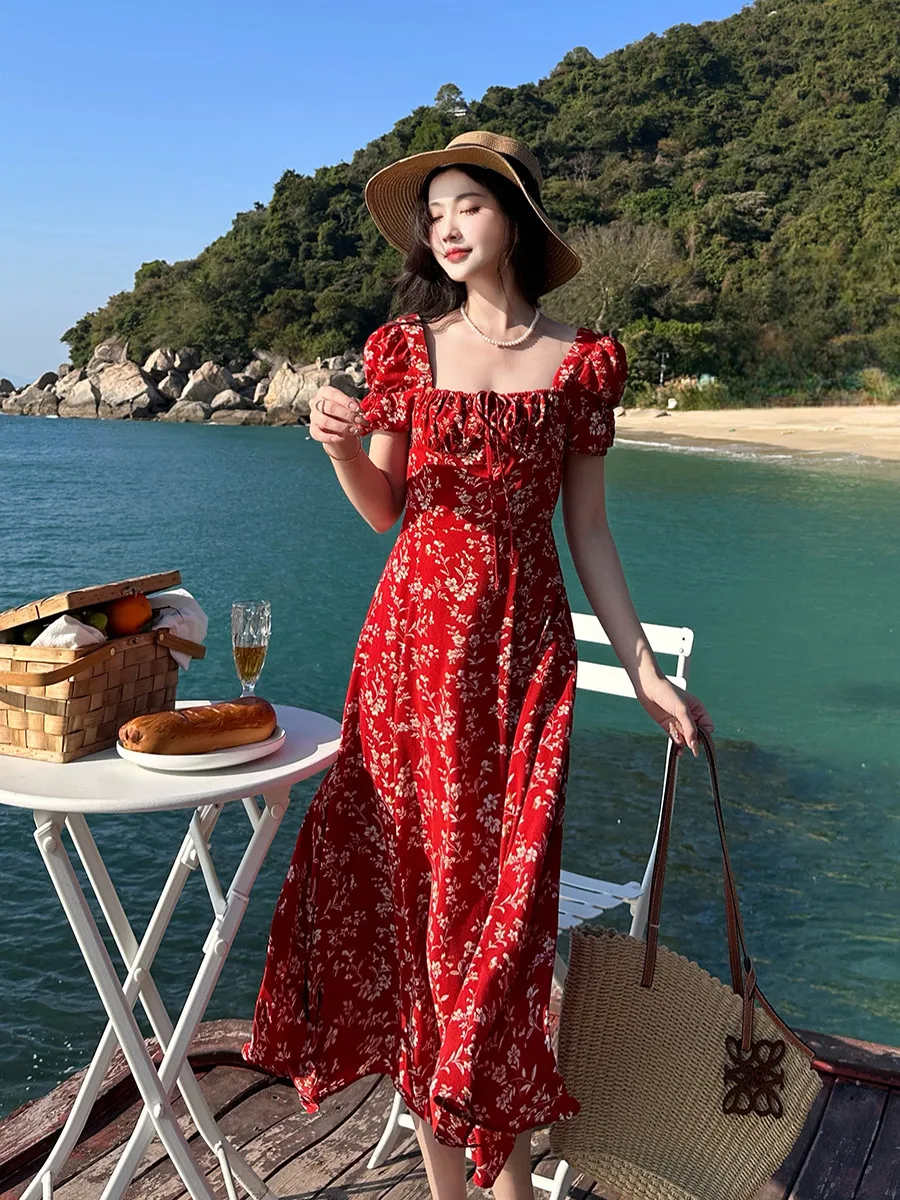 أزياء الصيف النساء الأزهار طباعة فستان الشاطئ عطلة فساتين ساحة الرقبة فستان الشمس قصيرة نفخة الأكمام إبقاء فستان سلم C179