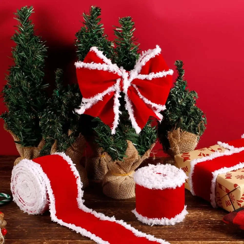 1/5m Christmas Decoration Red Ribbons DIY White Fur Edge Christmas Tree Decoration Ribbon 5cm Wide Christmas Gift Packing Ribbon