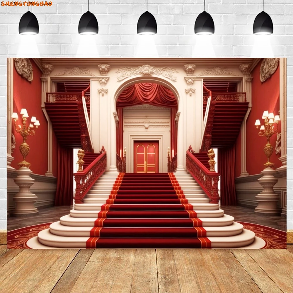 Toile de fond de photographie d'escalier de palais de luxe, tapis rouge, château vintage, scène d'église, mariage, décor de fête d'anniversaire, arrière-plan photo