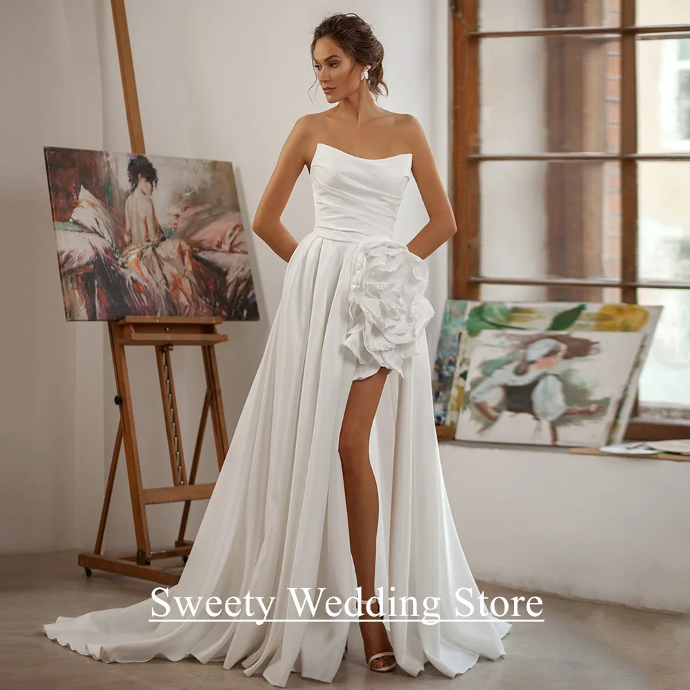 

Simple Wedding Dress Customized Strapless Sleeveless Ruched Flower Split Sweep Train Corset Bridal Gown Robe De Mariee