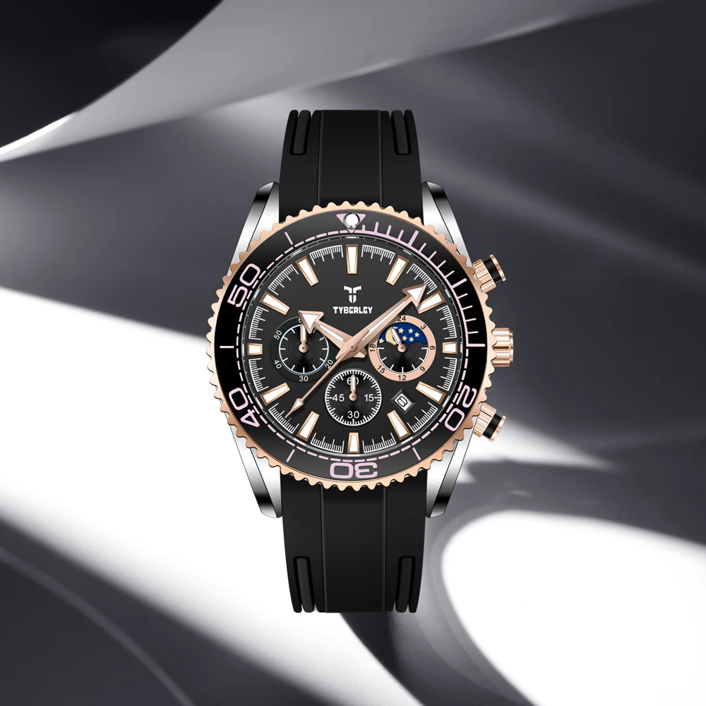 

Новинка 2025 года, мужские часы TYBERLEY, роскошные золотые кварцевые наручные часы с хронографом, мужские часы высшего бренда, водонепроницаемые спортивные резиновые мужские часы