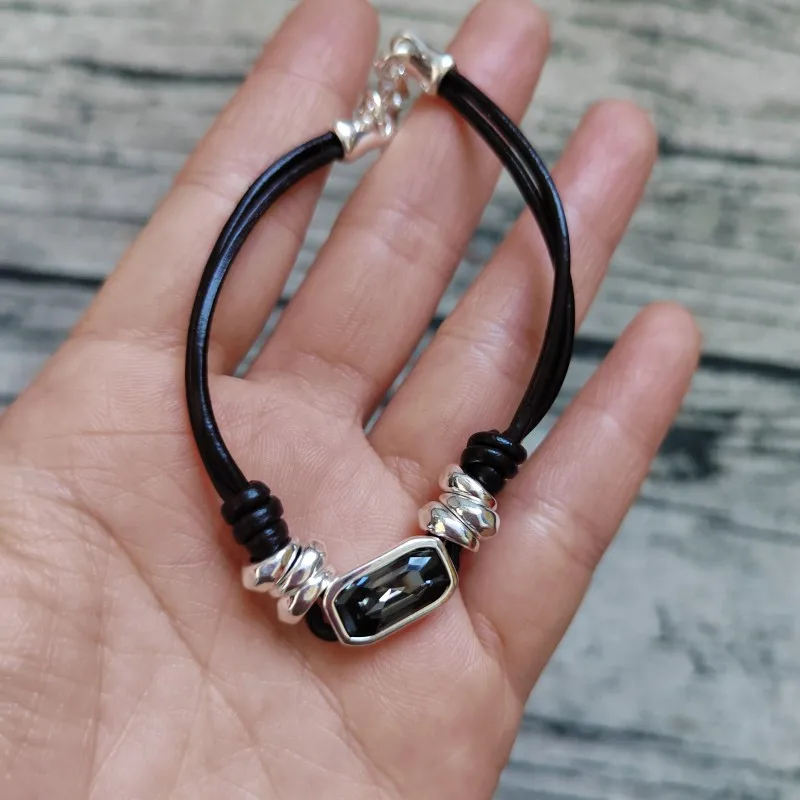 European tide brand UNOde50 leather rope couple grey crystal bracelet small fashion design sense personality trend