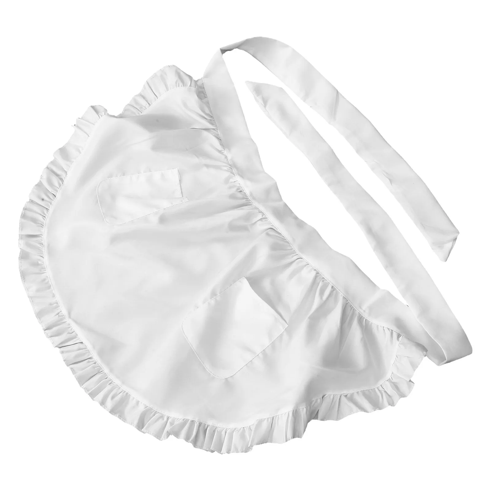 

1 Piece Kitchen Apron White Half Waist Apron for Women Men Ruffled Server Waitress Maid Cooking Bib with Pockets Professional