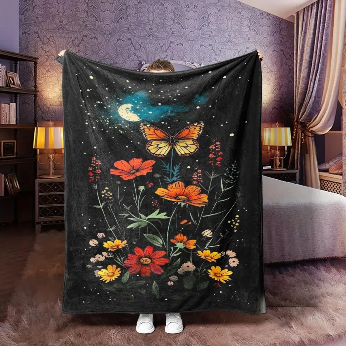 Butterfly flower and star moon patterns Flannel printed blanket suitable for all seasons for living room office sofa and travel