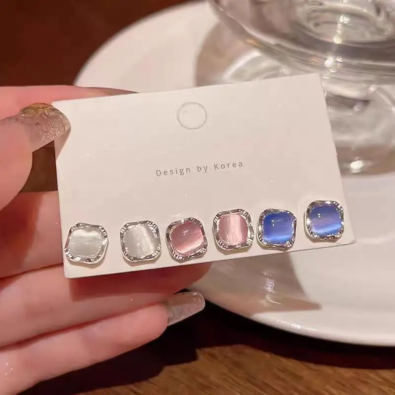 Daily Versatile Square Cat's Eye Stone Stud Earrings 3 Pairs Set For Women Trendy Ears Accessories Jewelry Lady Gift Casual Wear