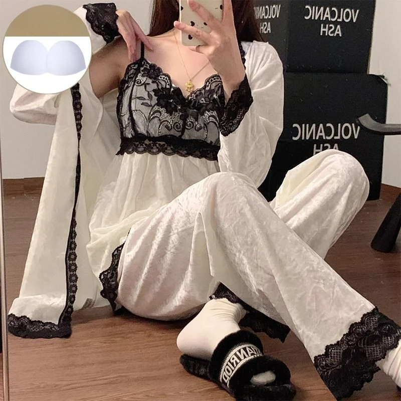 

Women's Fall Winter Golden Velvet Nightgown Long Sleeve Long Trousers with Cotton Pad Three-piece White Spring Home Wear Sexy