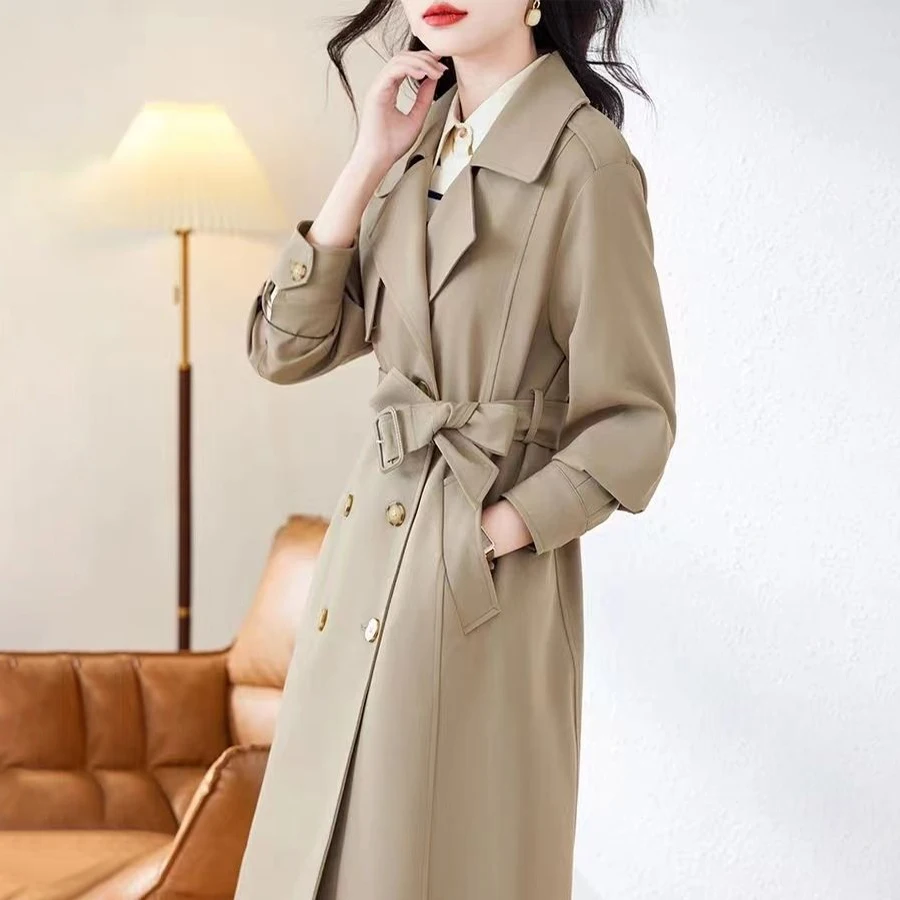 Vintage British Long Windbreaker Women Notched Lapel Double Breasted Self Belt Waist Back Split Loose Fit Trench Coa tOuterwear