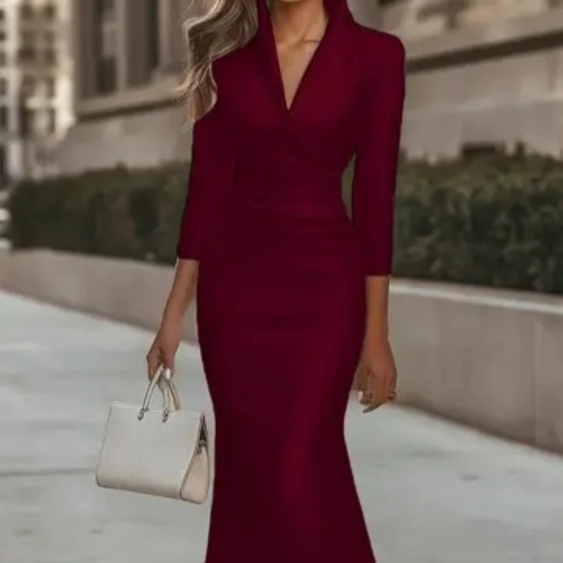 المرأة مزاجه سيدة سليم فستان ستان موضة الخامس الرقبة طويلة الأكمام Bodycon فستان الحفلات أنيقة عالية الخصر فساتين غير النظامية