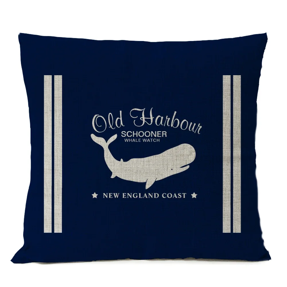 Home Decorative Navigation Blue Compass Anchor Pillow Cover Nautical Shell Fish Linen Pillow Case Mediterranean Cushion Cover