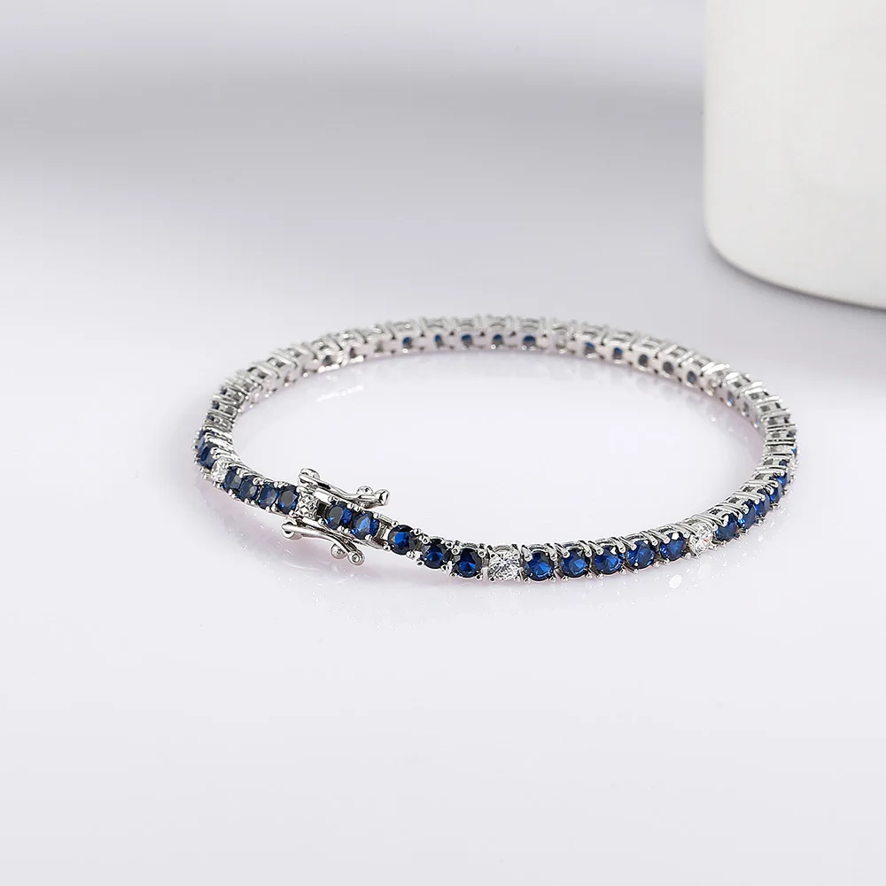 Pure Silver 15-20 cm Tennis Bracelet Pave 3 mm Montana Blue Semi Precious Sapphire Mix Clear Cubic Zircon Real 925 Jewelry