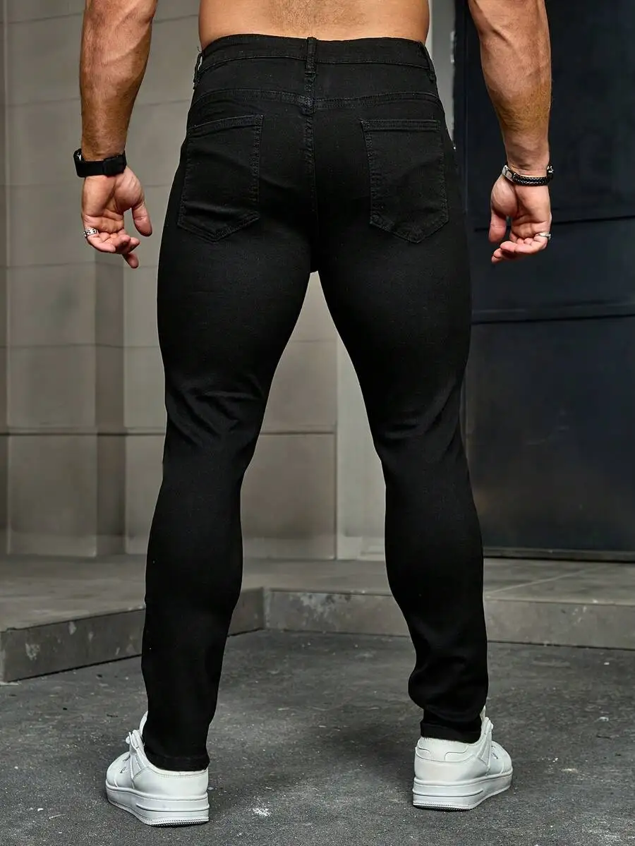 Mens Solid Black Stretch Slim Fit Jeans Casual Fashion