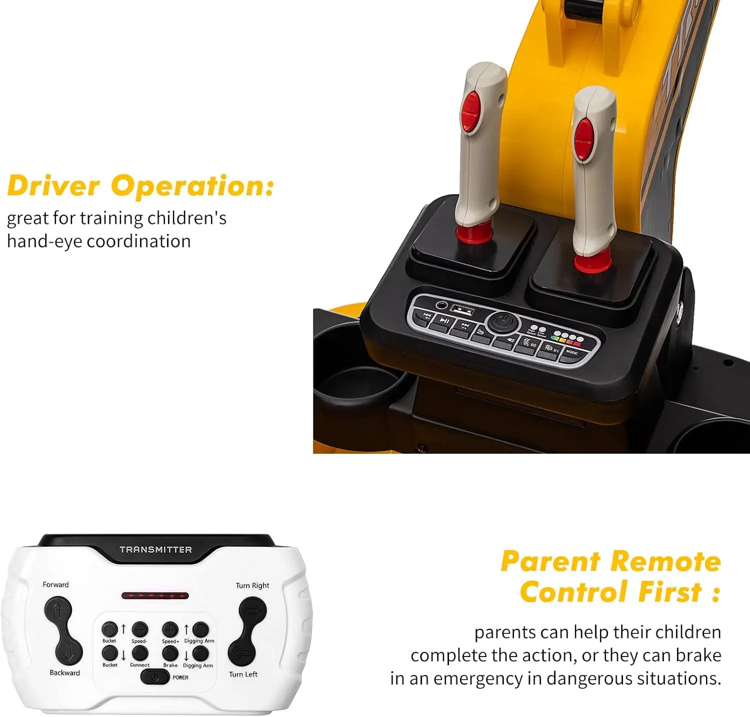 360 °   Brinquedo de equitação de rotação para crianças, escavadeira elétrica, carro com controle remoto, braço de escavação, motores 4x75w, luz traseira led