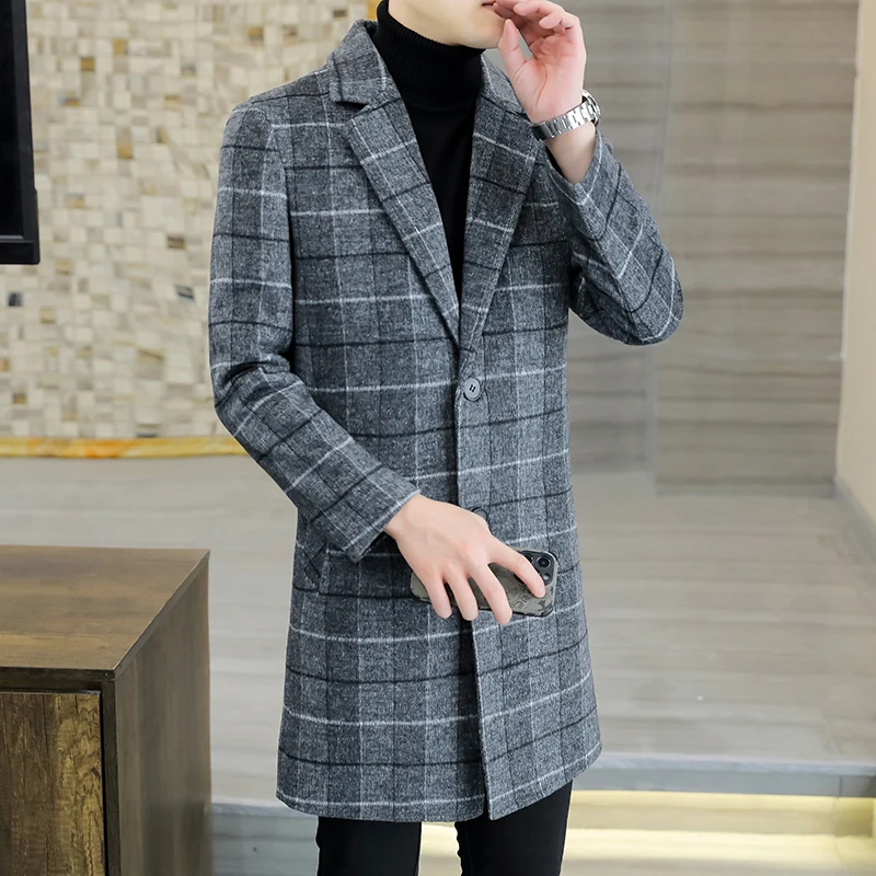 

Стильные мужские шерстяные пальто в клетку, верблюжно-серые шерстяные пальто с зубчатым воротником, осенне-зимняя уверенность, мужская одежда, размеры 170-190 одежды