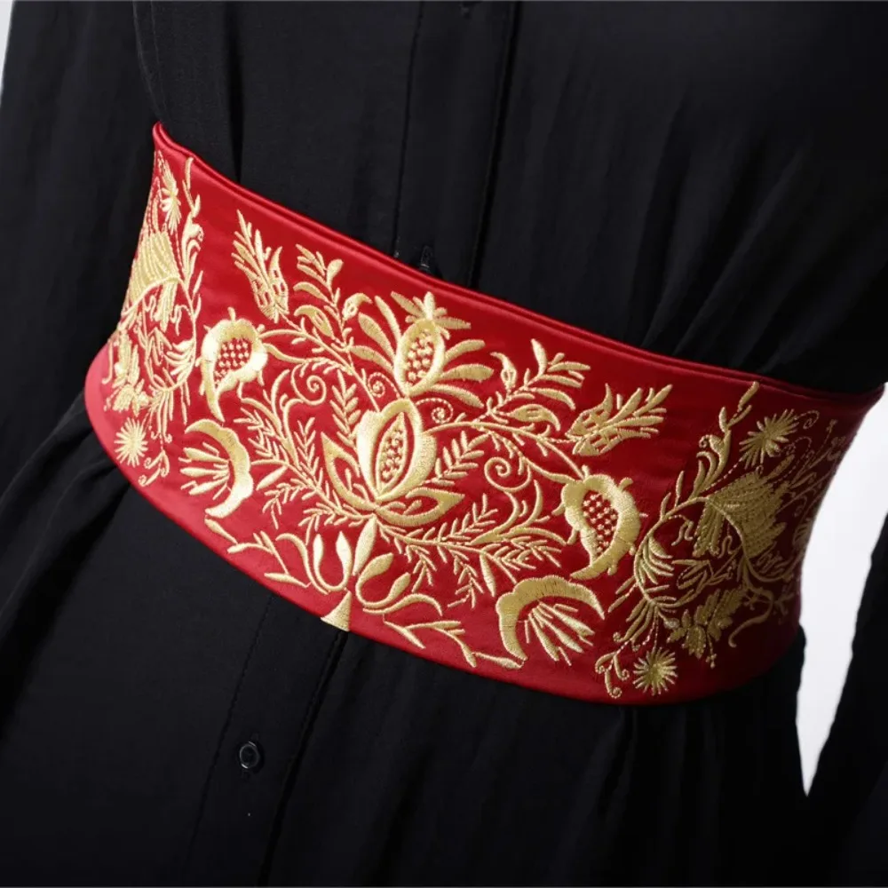 Vintage Cloth Corset Belt Satin Embroidered Waist Belt Alloy Elastic Waistband Women