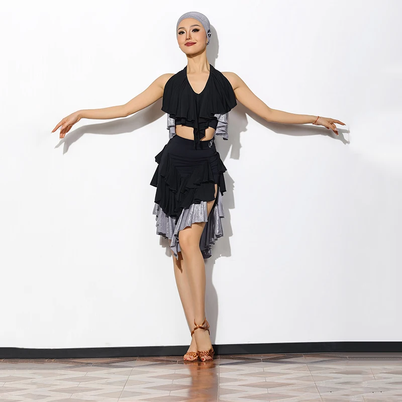 

Women Hanging Neck Top Irregular Skirt Latin Dance Dress Performance Clothes Practice Suit Chacha Rumba Latin Dress DN20728
