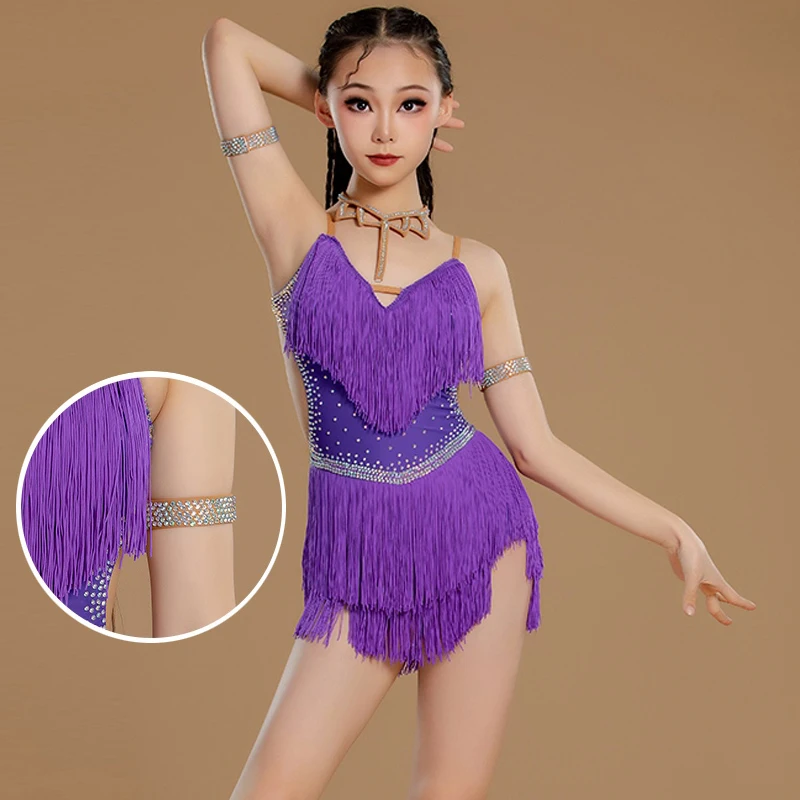 ハイエンド子供社交ダンスプロフェッショナルドレスパープルフルフリンジダイヤモンドパーティードレス子供チャチャサルサラテンダンスウェア