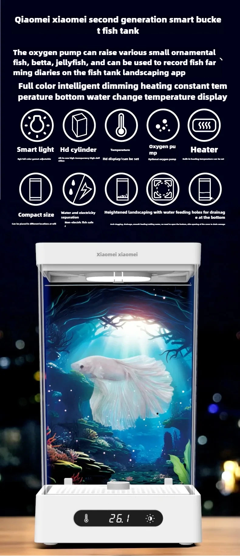 Smart Betta Fish Tank Mini Desktop Aquarium with Constant Heating Thermostatic Full Color LED Light Eco Night Lamp