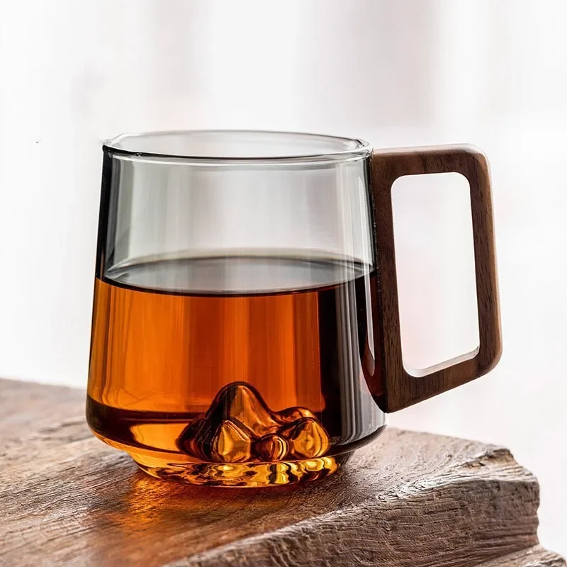 Glass Single-layer Side Wooden Handle Drinking Cups Household Large-capacity Milk Tea Juice Single-layer Cup
