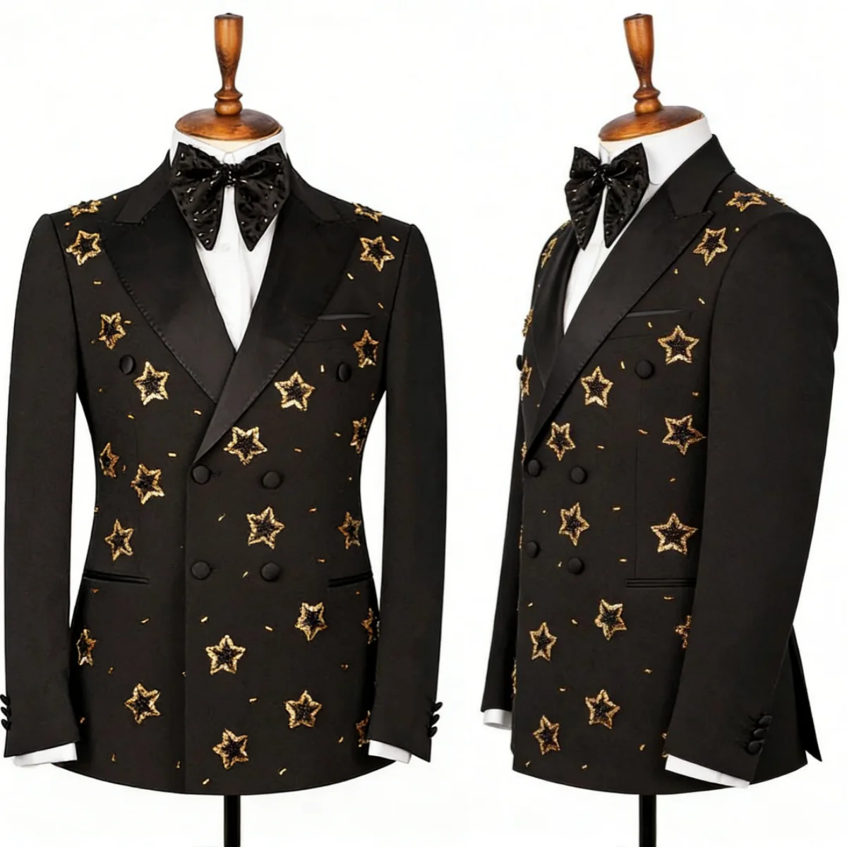 

Fashion Men Wedding Tuxedos Double Breasted Peaked Lapel Pant Sets Sequins Beaded Formal Party 2 Pieces Customized