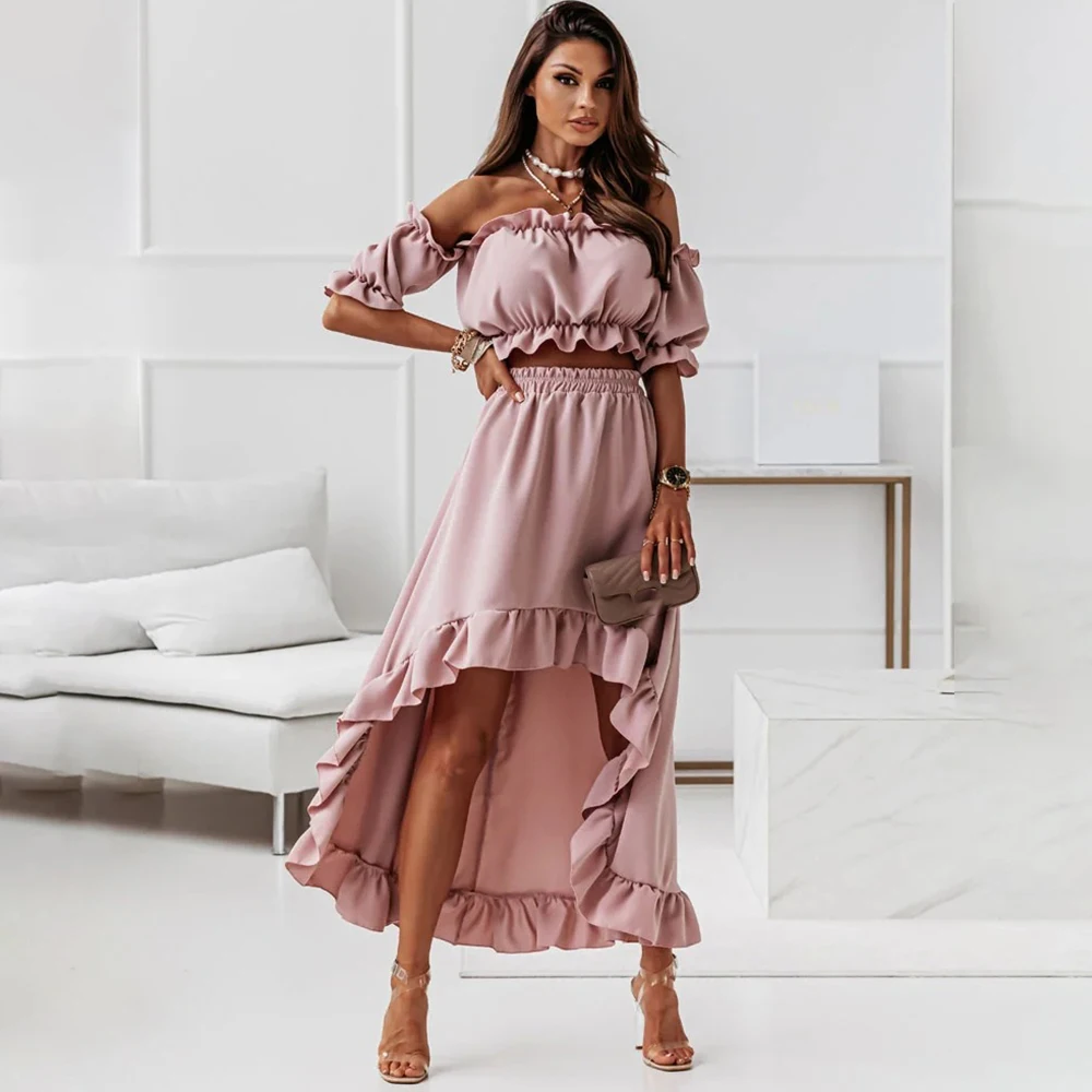 Summer Elegant Ruffled Backless Dress Sets Women Fashion Puff Sleeve Strapless Elastic Two Pieces Ladies Maxi Dresses Robe Femme