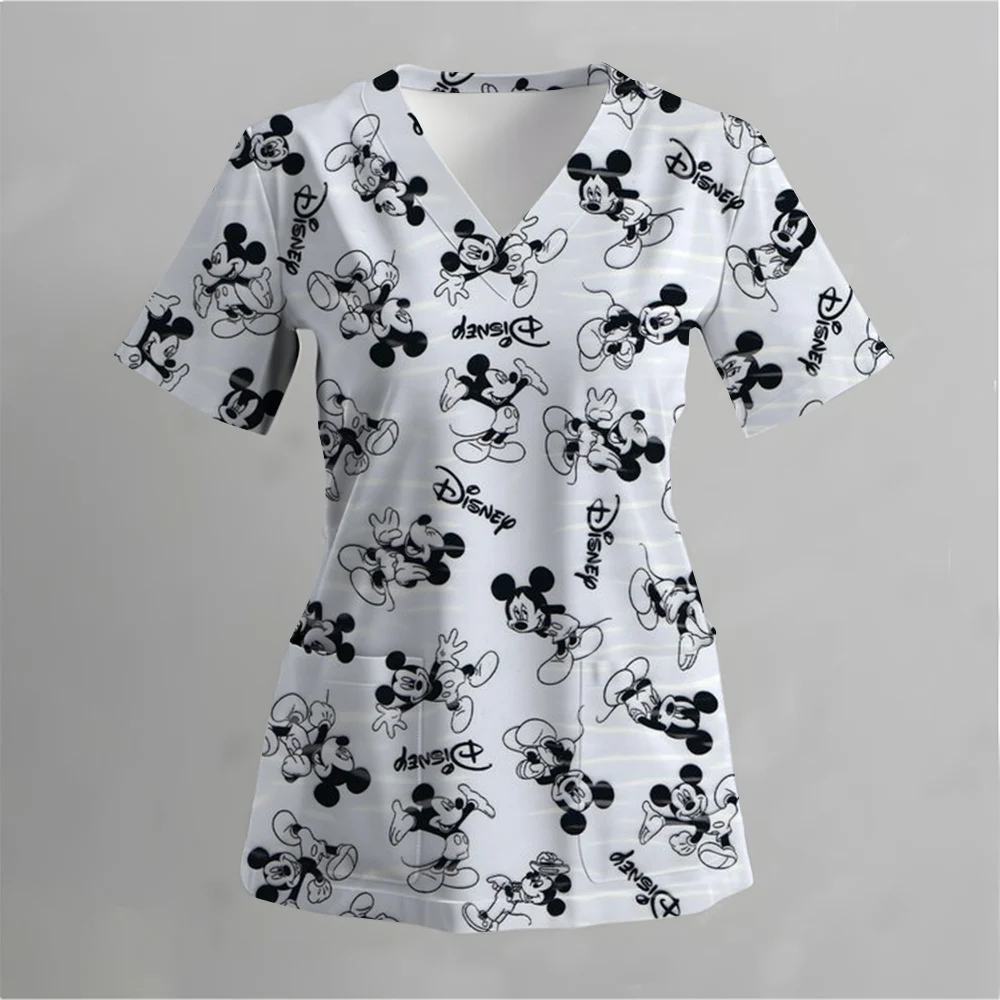 

V-Neck Pocket Mickey Mouse Care Workers T-Shirt Tops Clinic Working Clothing Women Short Sleeve Scrub Print Nurse Uniform